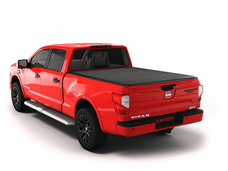 Red Nissan Titan with Sawtooth Stretch expandable tonneau cover